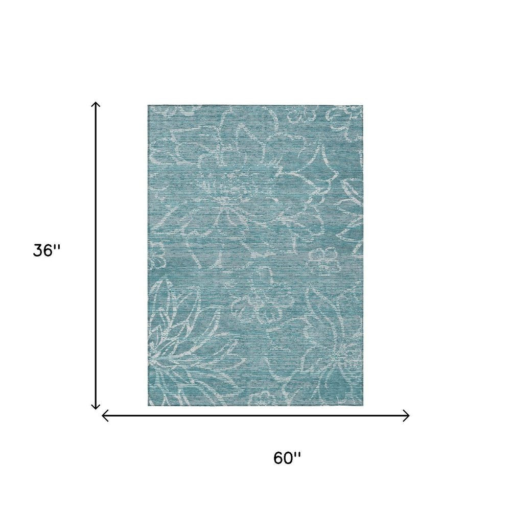 3' X 5' Teal Blue And Blue Floral Washable Indoor Outdoor Area Rug HomeRoots