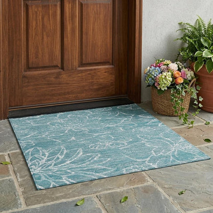 3' X 5' Teal Blue And Blue Floral Washable Indoor Outdoor Area Rug HomeRoots