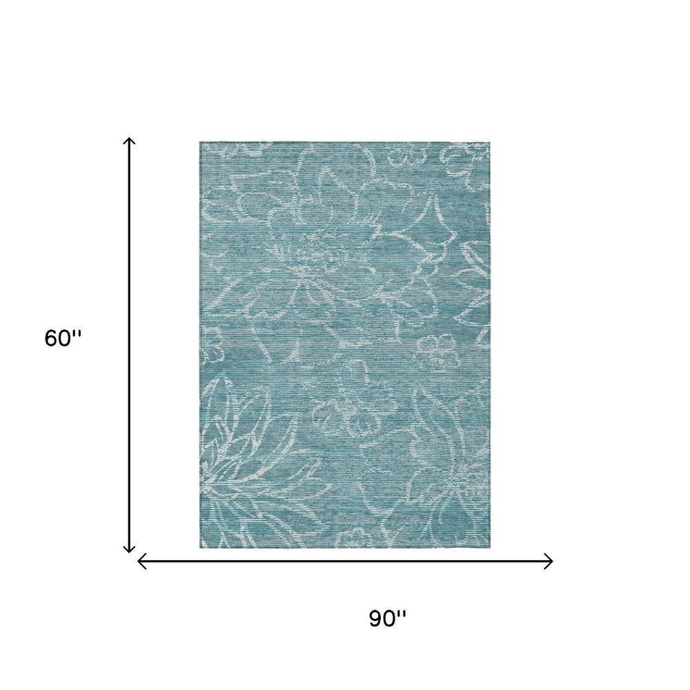 5' X 8' Teal Blue And Blue Floral Washable Indoor Outdoor Area Rug HomeRoots