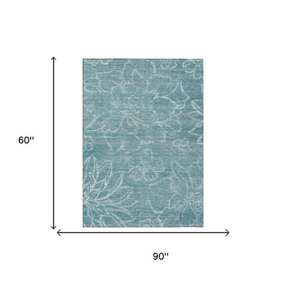 5' X 8' Teal Blue And Blue Floral Washable Indoor Outdoor Area Rug HomeRoots