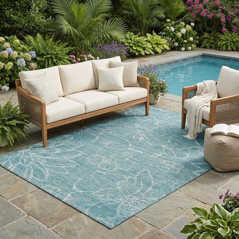 5' X 8' Teal Blue And Blue Floral Washable Indoor Outdoor Area Rug HomeRoots