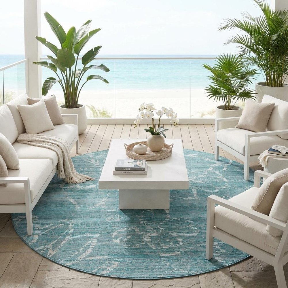 8' Teal Blue And Blue Round Floral Washable Indoor Outdoor Area Rug HomeRoots