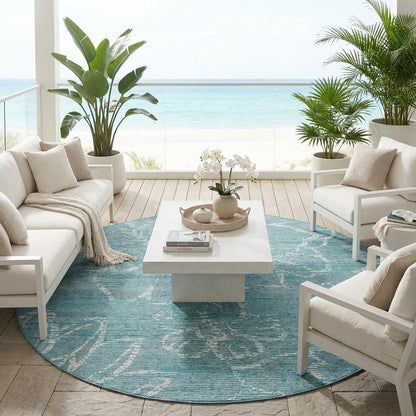 8' Teal Blue And Blue Round Floral Washable Indoor Outdoor Area Rug HomeRoots