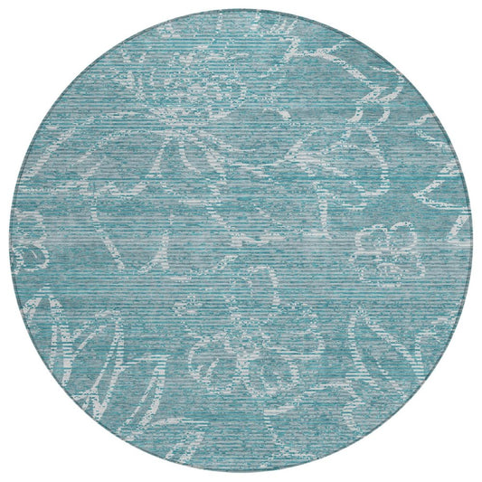 8' Teal Blue And Blue Round Floral Washable Indoor Outdoor Area Rug