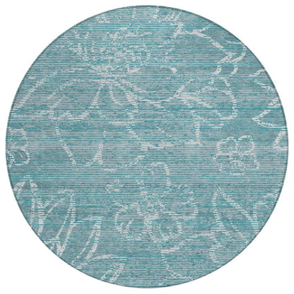8' Teal Blue And Blue Round Floral Washable Indoor Outdoor Area Rug HomeRoots