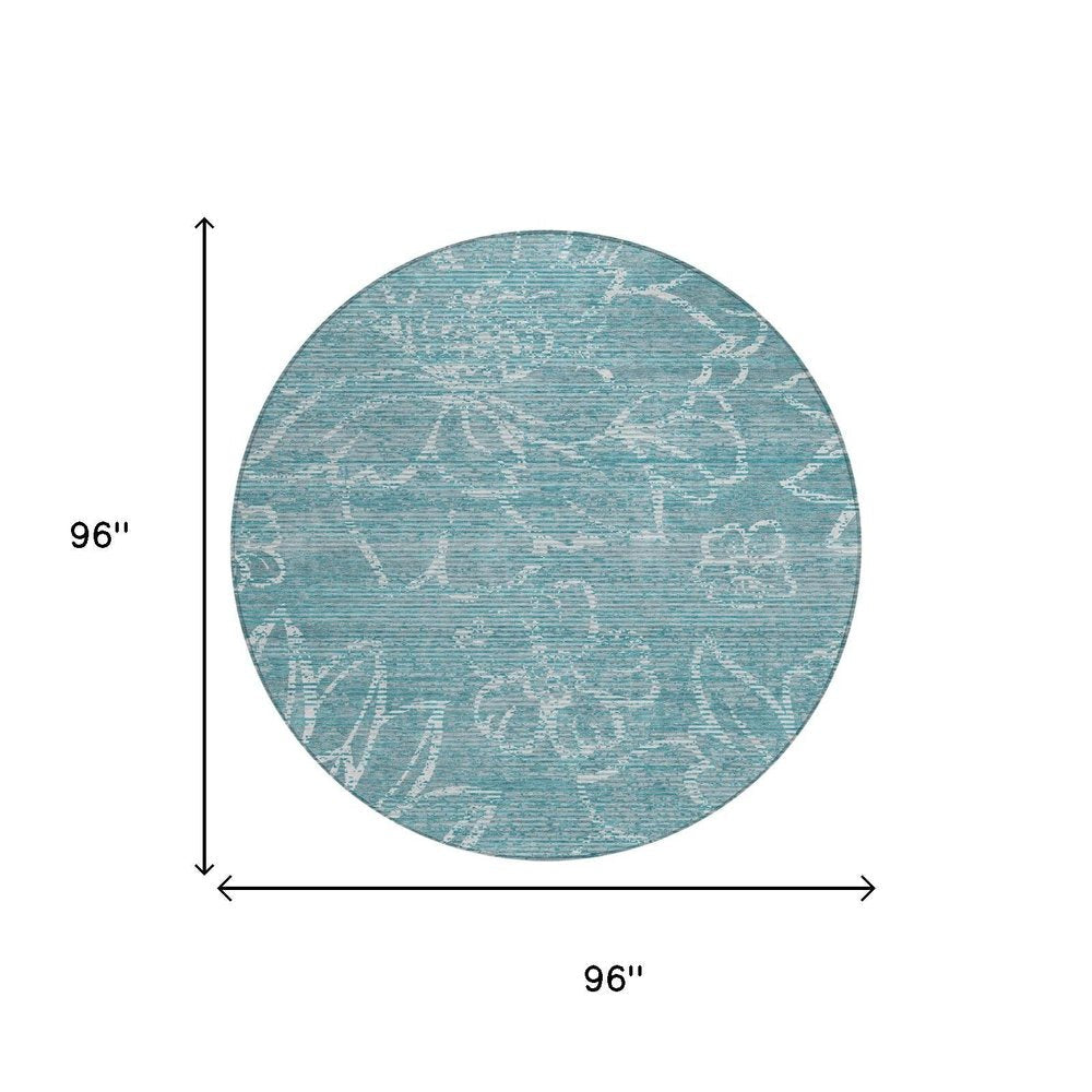 8' Teal Blue And Blue Round Floral Washable Indoor Outdoor Area Rug — view 4