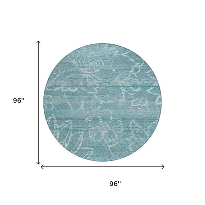 8' Teal Blue And Blue Round Floral Washable Indoor Outdoor Area Rug HomeRoots