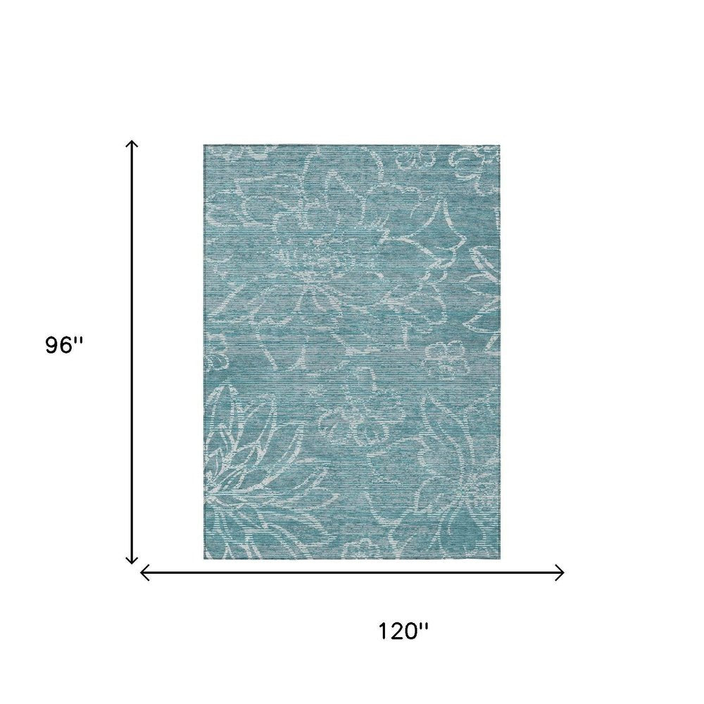 8' X 10' Teal Blue And Blue Floral Washable Indoor Outdoor Area Rug — view 4