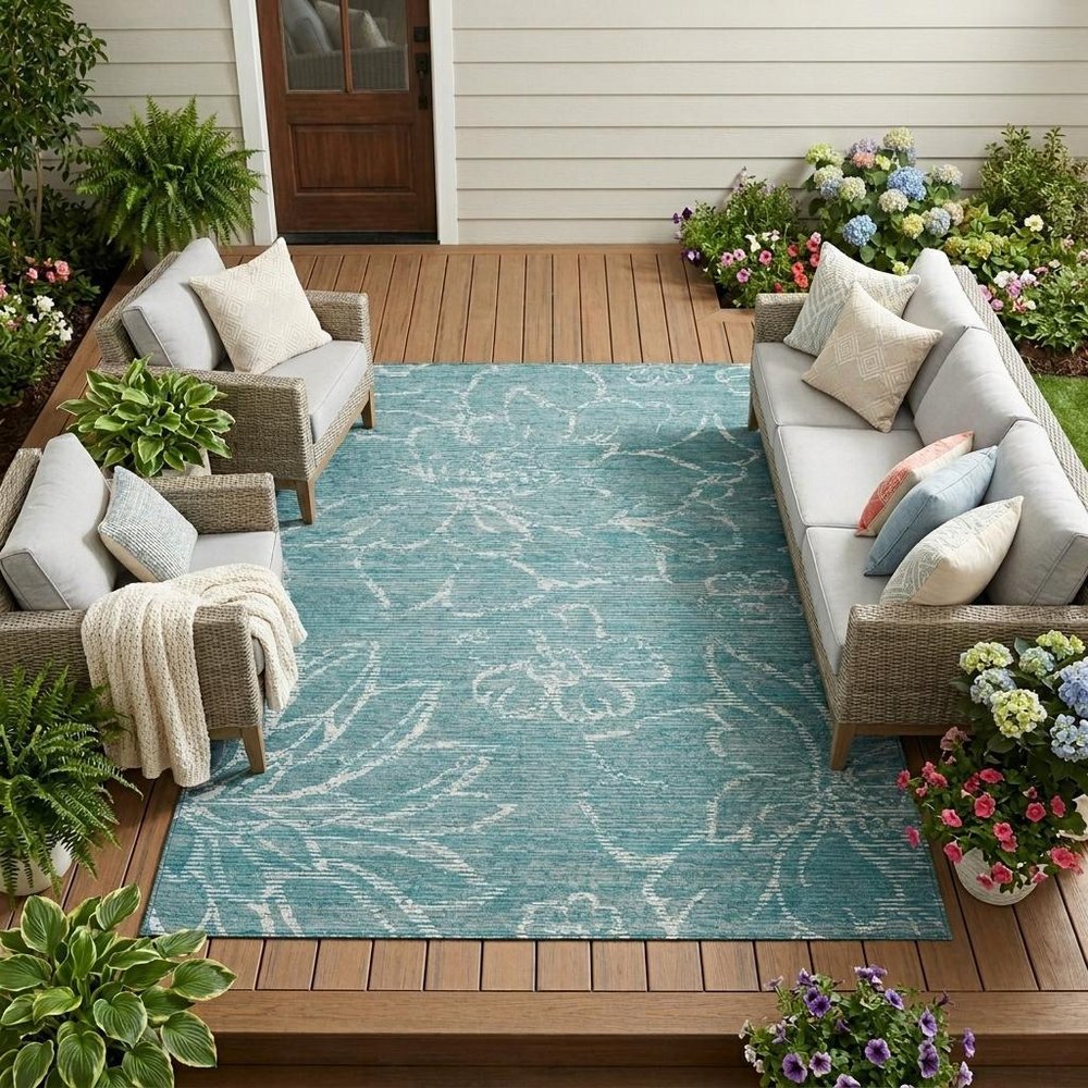 8' X 10' Teal Blue And Blue Floral Washable Indoor Outdoor Area Rug HomeRoots