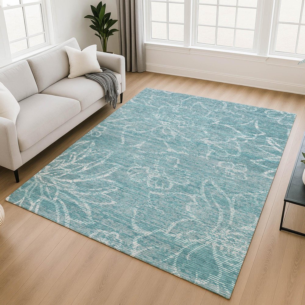 9' X 12' Teal Blue And Blue Floral Washable Indoor Outdoor Area Rug — view 4
