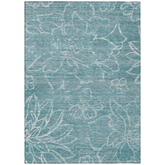 9' X 12' Teal Blue And Blue Floral Washable Indoor Outdoor Area Rug