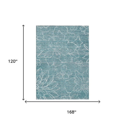 10' X 14' Teal Blue And Blue Floral Washable Indoor Outdoor Area Rug HomeRoots