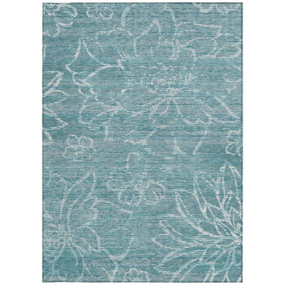 10' X 14' Teal Blue And Blue Floral Washable Indoor Outdoor Area Rug