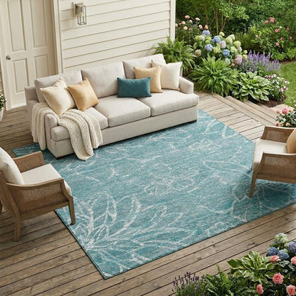 10' X 14' Teal Blue And Blue Floral Washable Indoor Outdoor Area Rug