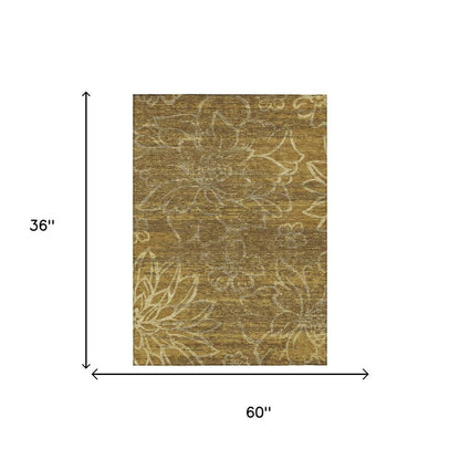3' X 5' Walnut And Gold Floral Washable Indoor Outdoor Area Rug HomeRoots