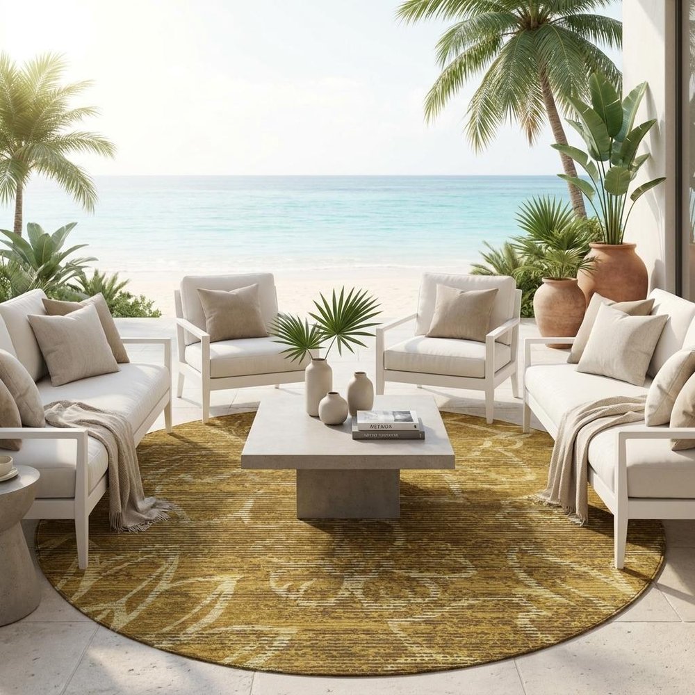 8' Walnut And Gold Round Floral Washable Indoor Outdoor Area Rug — view 5