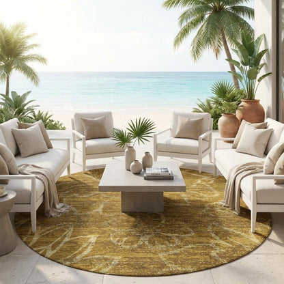 8' Walnut And Gold Round Floral Washable Indoor Outdoor Area Rug HomeRoots