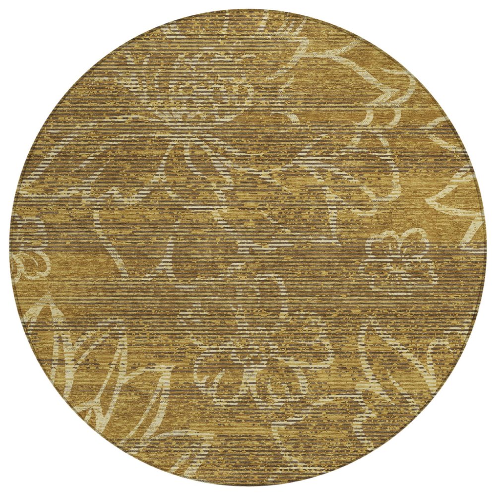 8' Walnut And Gold Round Floral Washable Indoor Outdoor Area Rug — view 1