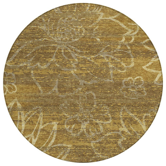 8' Walnut And Gold Round Floral Washable Indoor Outdoor Area Rug
