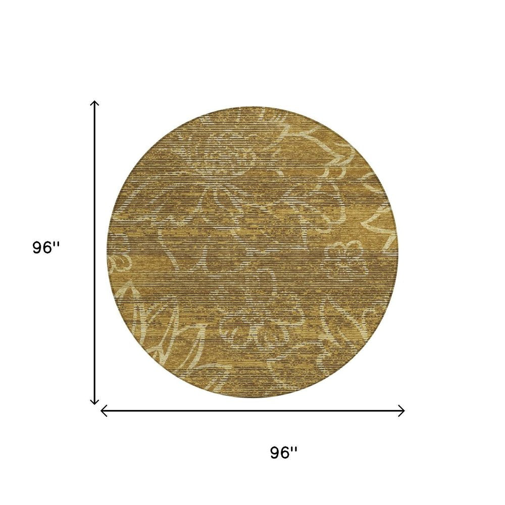 8' Walnut And Gold Round Floral Washable Indoor Outdoor Area Rug — view 4