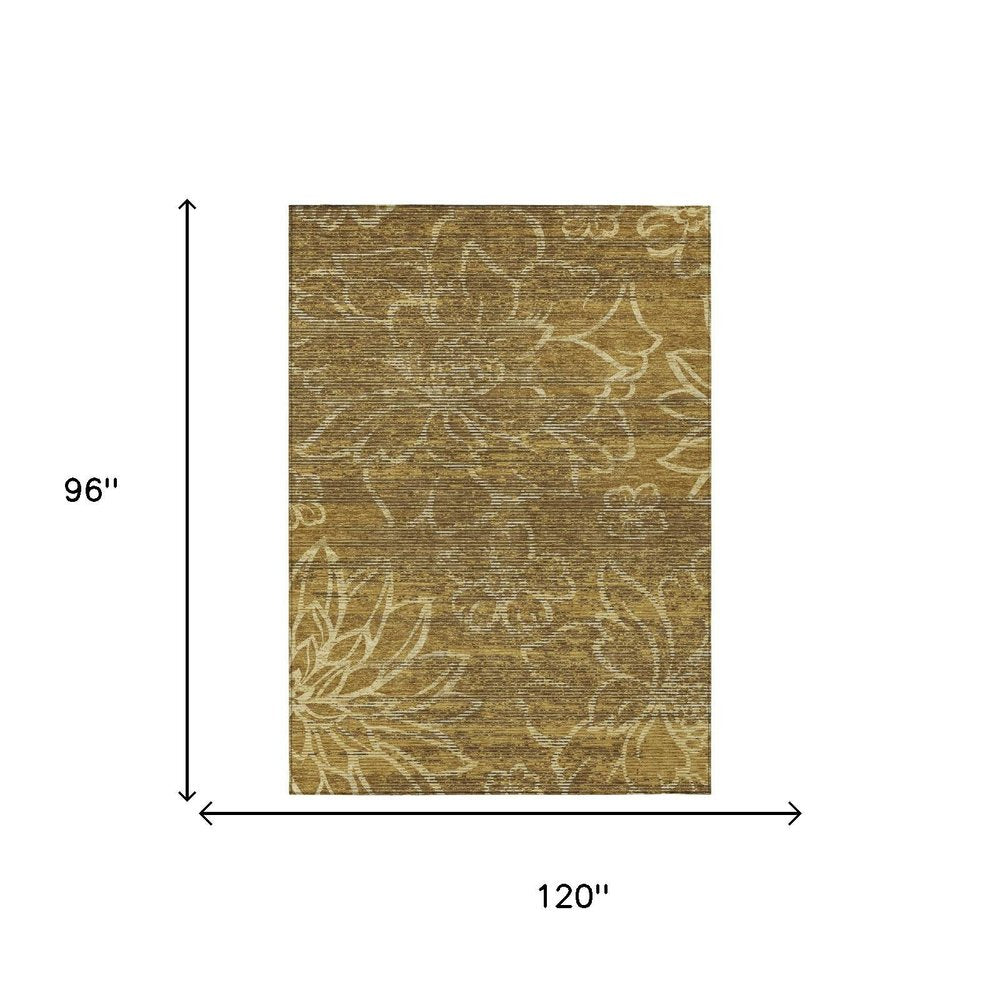 8' X 10' Walnut And Gold Floral Washable Indoor Outdoor Area Rug HomeRoots