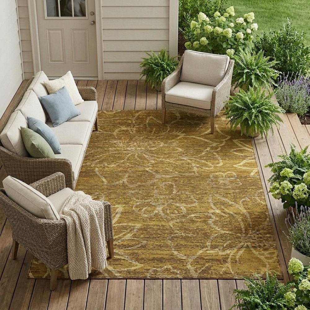 8' X 10' Walnut And Gold Floral Washable Indoor Outdoor Area Rug — view 5