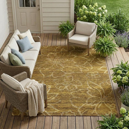 8' X 10' Walnut And Gold Floral Washable Indoor Outdoor Area Rug HomeRoots