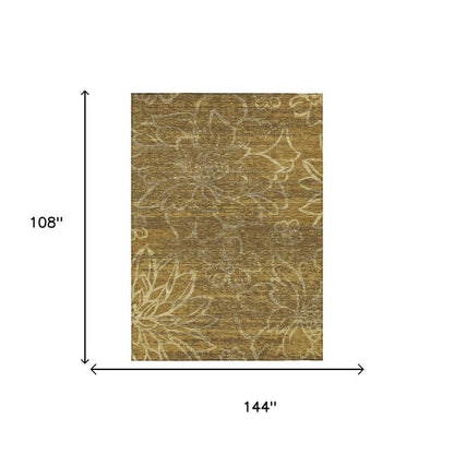 9' X 12' Walnut And Gold Floral Washable Indoor Outdoor Area Rug