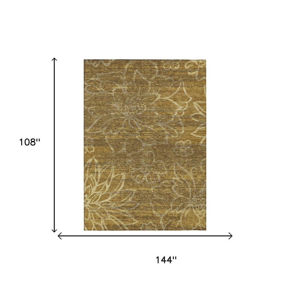 9' X 12' Walnut And Gold Floral Washable Indoor Outdoor Area Rug HomeRoots
