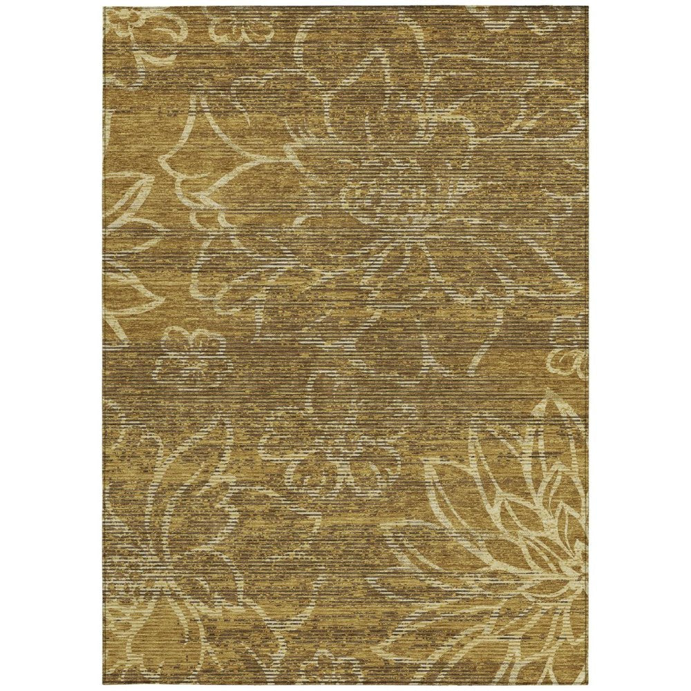9' X 12' Walnut And Gold Floral Washable Indoor Outdoor Area Rug