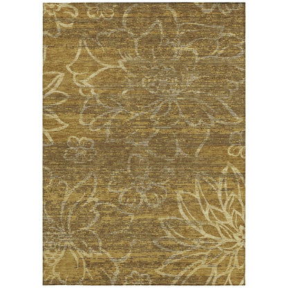 9' X 12' Walnut And Gold Floral Washable Indoor Outdoor Area Rug