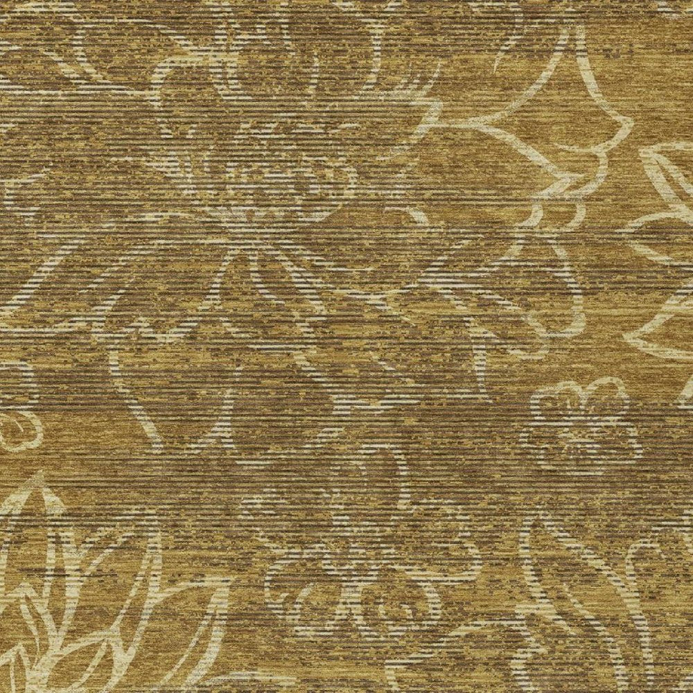 9' X 12' Walnut And Gold Floral Washable Indoor Outdoor Area Rug