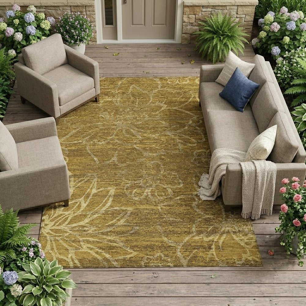 9' X 12' Walnut And Gold Floral Washable Indoor Outdoor Area Rug — view 7