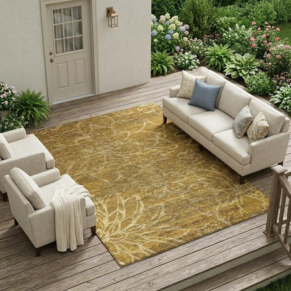 10' X 14' Walnut And Gold Floral Washable Indoor Outdoor Area Rug HomeRoots