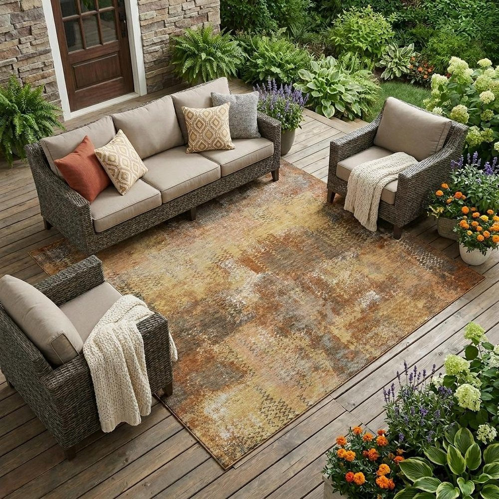 10' X 14' Copper And Orange Abstract Washable Indoor Outdoor Area Rug — view 5