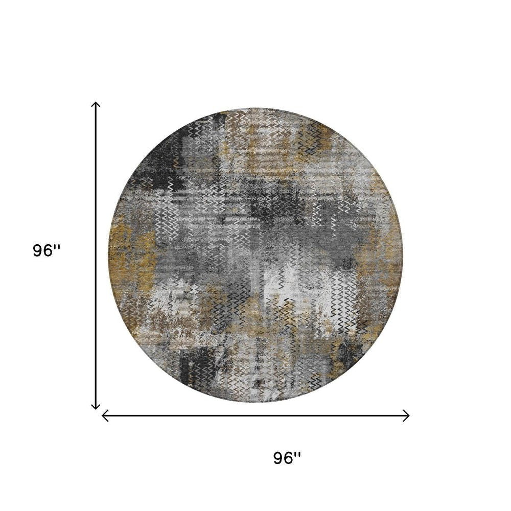 8' Gray And Graphite Round Abstract Washable Indoor Outdoor Area Rug — view 4