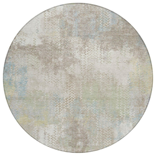 8' Ivory And Silver Round Abstract Washable Indoor Outdoor Area Rug