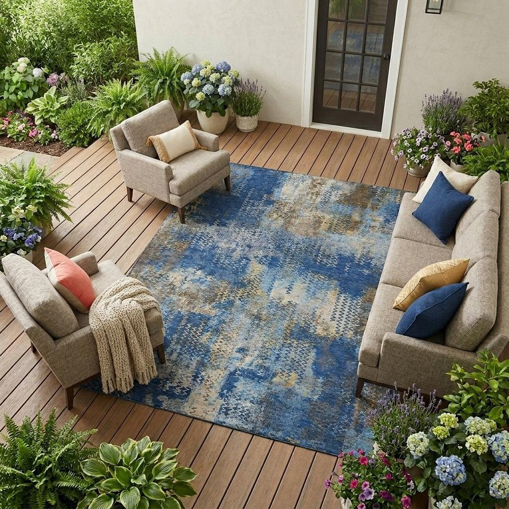 9' X 12' Navy Blue And Blue Abstract Washable Indoor Outdoor Area Rug HomeRoots