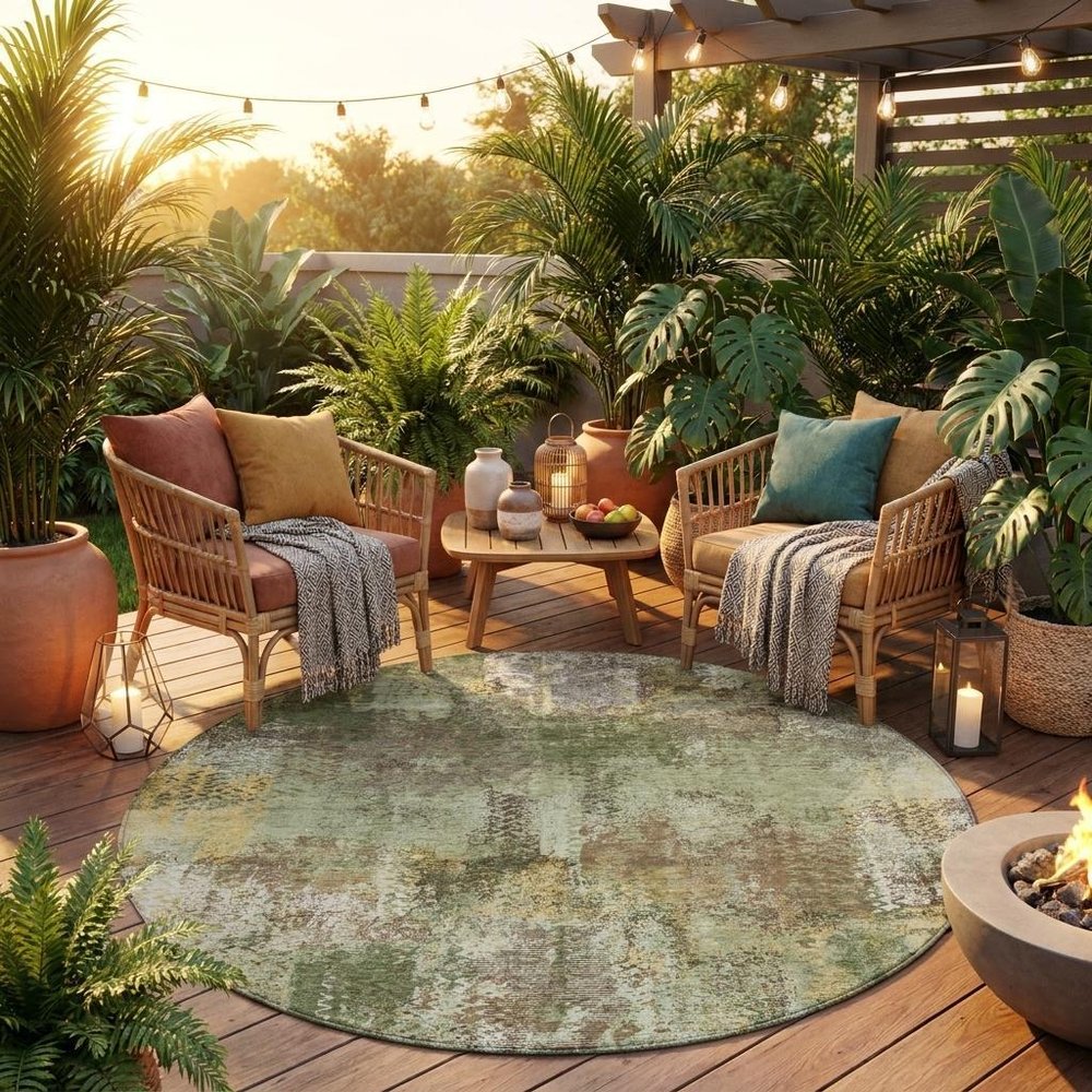 8' Olive Green And Green Round Abstract Washable Indoor Outdoor Area Rug — view 5