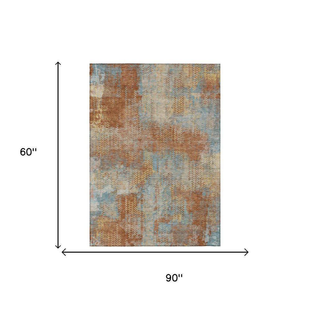 5' X 8' Orange And Rust Abstract Washable Indoor Outdoor Area Rug — view 4