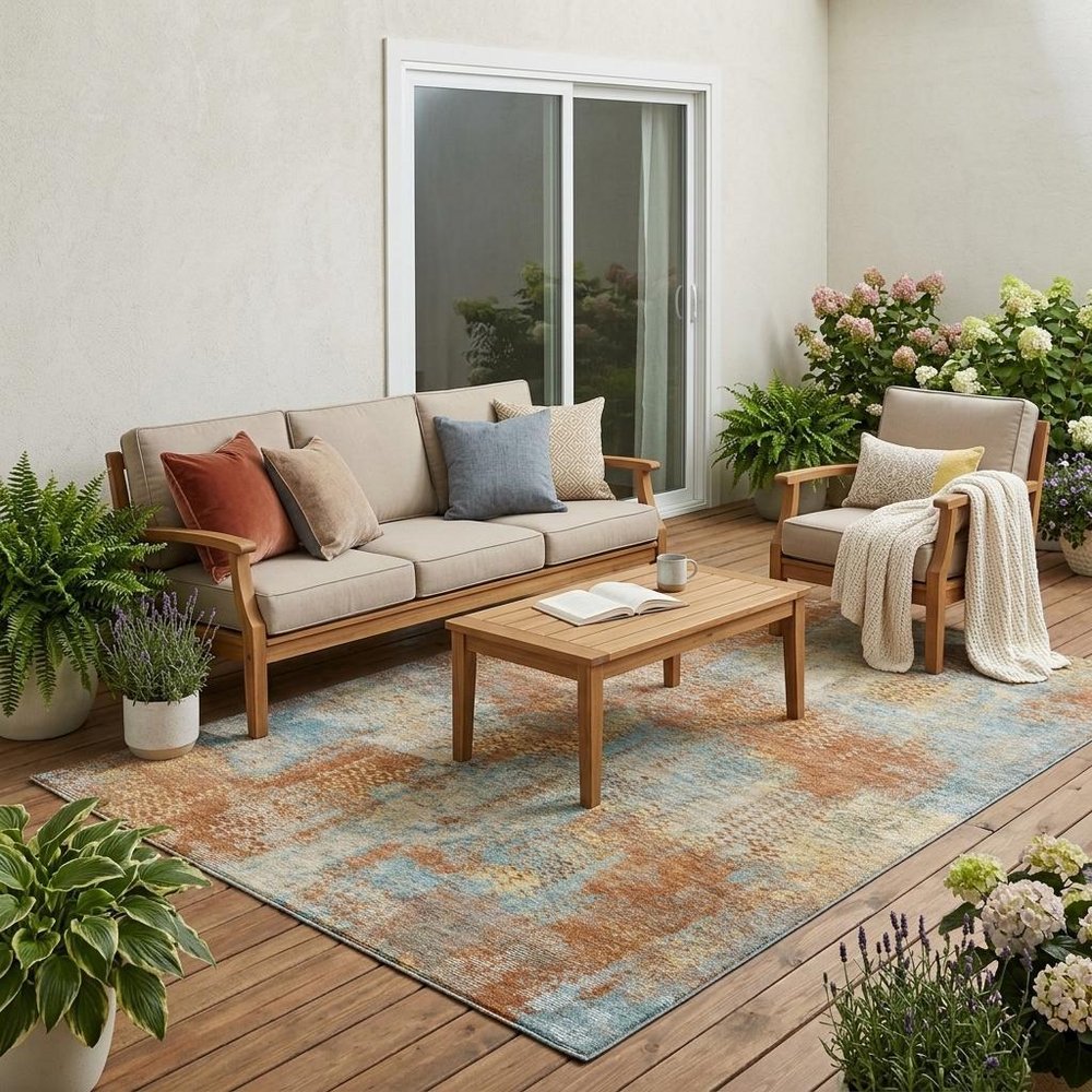 5' X 8' Orange And Rust Abstract Washable Indoor Outdoor Area Rug — view 5