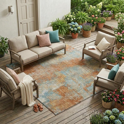 10' X 14' Orange And Rust Abstract Washable Indoor Outdoor Area Rug