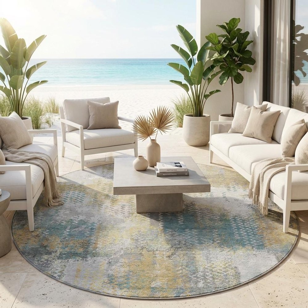 8' Silver And Gray Round Abstract Washable Indoor Outdoor Area Rug — view 5