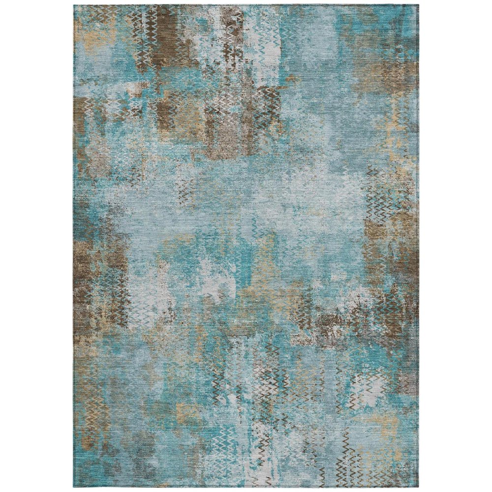 3' X 5' Teal Blue And Pewter Abstract Washable Indoor Outdoor Area Rug