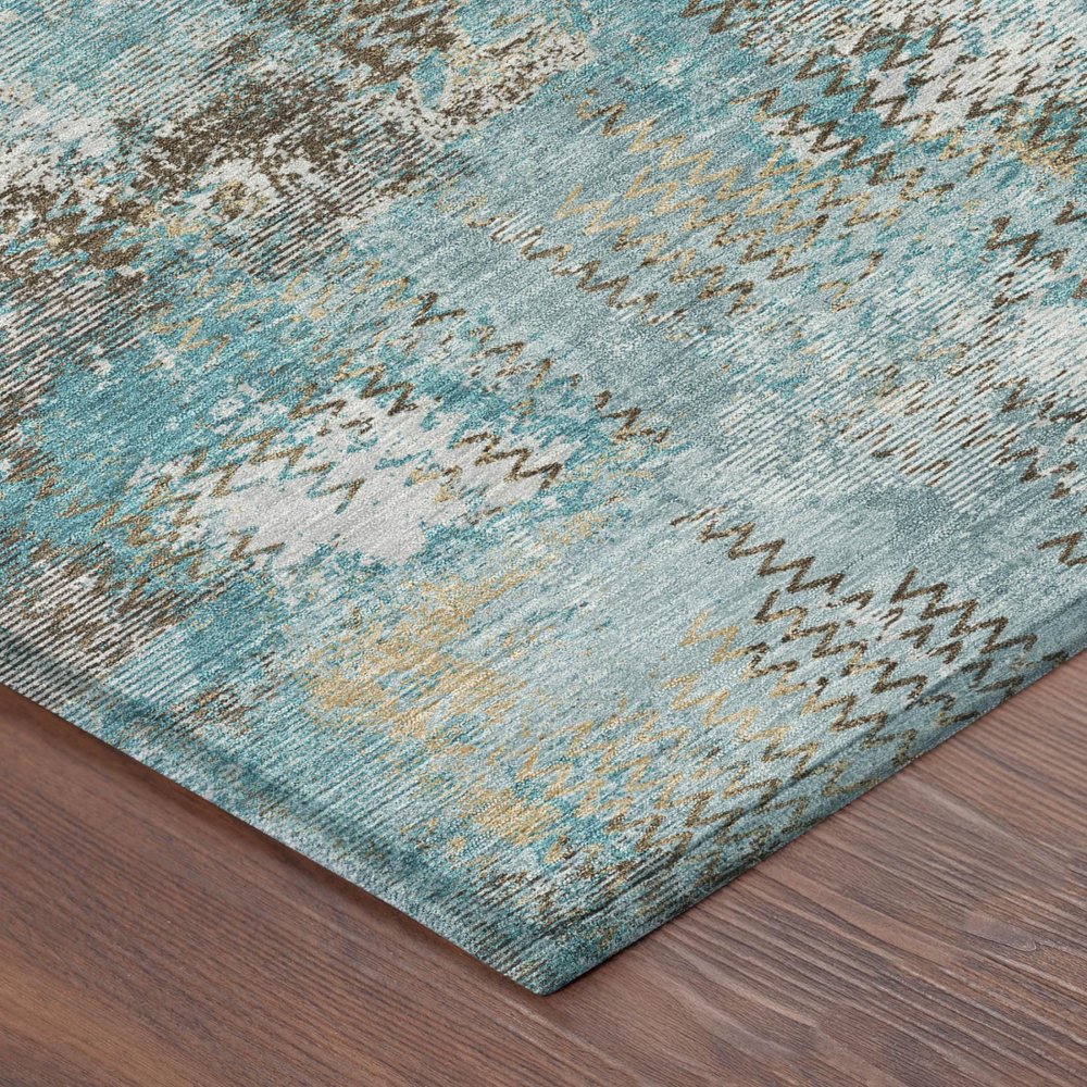 3' X 5' Teal Blue And Pewter Abstract Washable Indoor Outdoor Area Rug