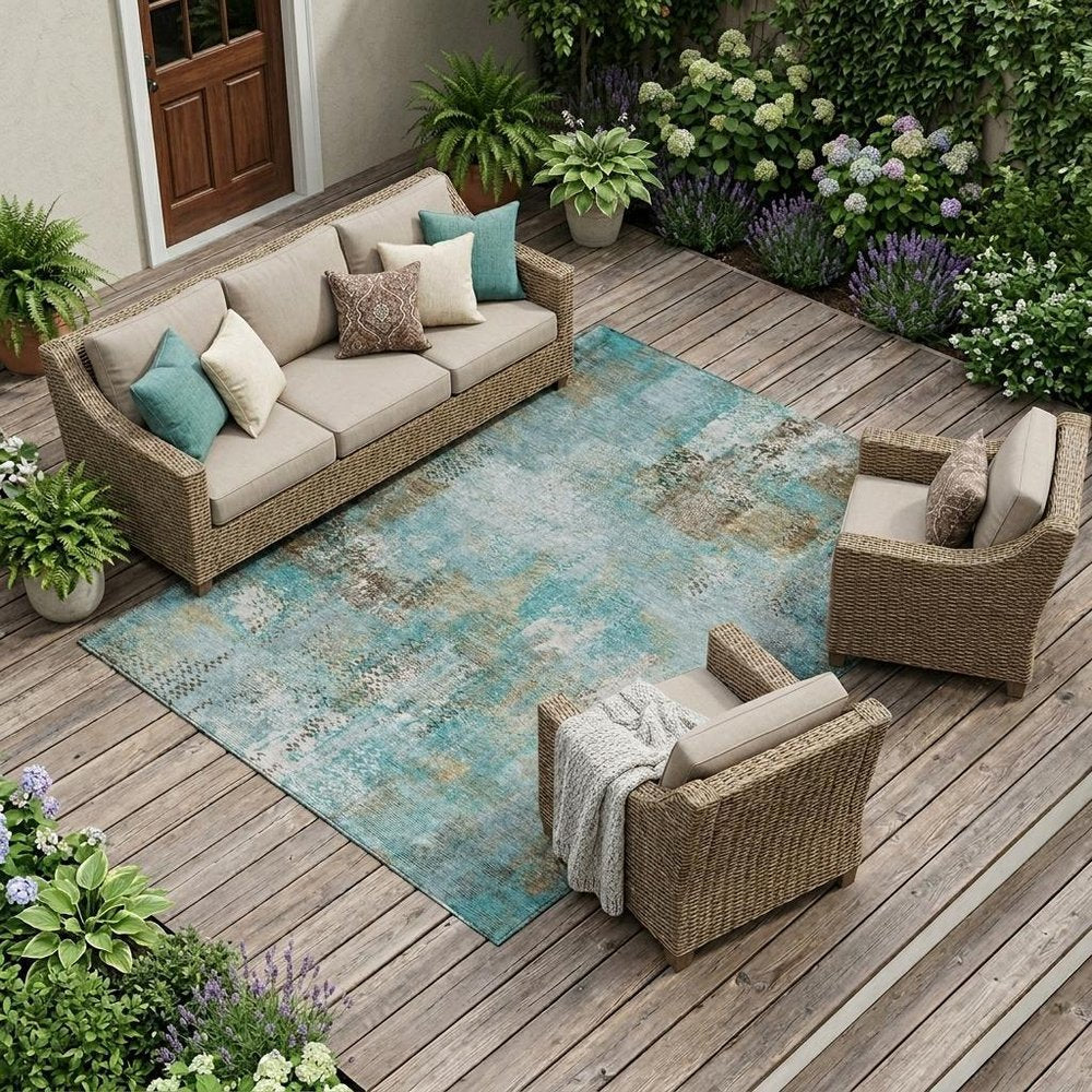 8' X 10' Teal Blue And Pewter Abstract Washable Indoor Outdoor Area Rug HomeRoots