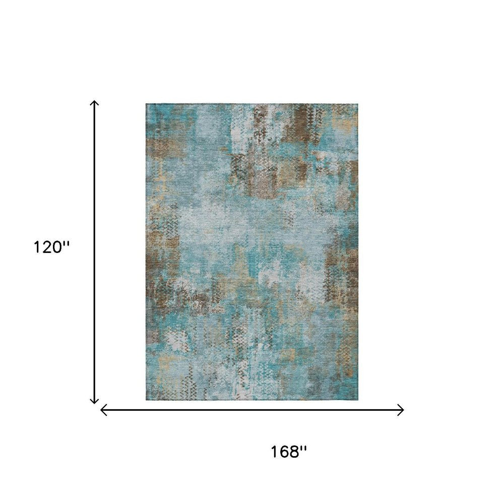 10' X 14' Teal Blue And Pewter Abstract Washable Indoor Outdoor Area Rug HomeRoots
