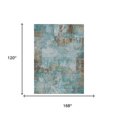 10' X 14' Teal Blue And Pewter Abstract Washable Indoor Outdoor Area Rug