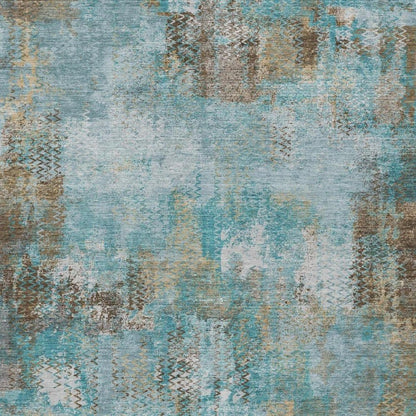 10' X 14' Teal Blue And Pewter Abstract Washable Indoor Outdoor Area Rug
