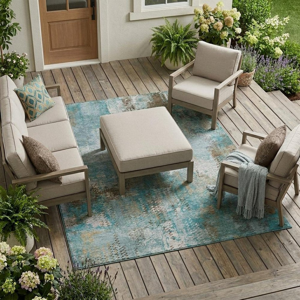 10' X 14' Teal Blue And Pewter Abstract Washable Indoor Outdoor Area Rug HomeRoots